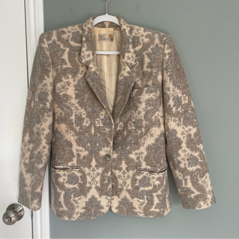 VTG Liz Claiborne Gray Beige Tapestry Damask Paisley Wool Single Button Blazer